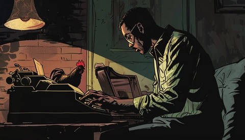 Illustration of a person working at a desk with a laptop in warm lamplight.