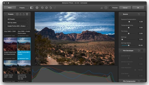 Screenshot of Dehancer Photos editing interface with desert landscape photo displayed.