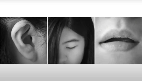 Black and white close-up portrait triptych showing an ear, closed eye with dark hair, and lips.
