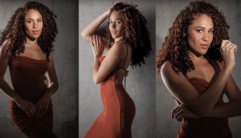 Woman with long curly hair in three portrait poses wearing brown and coral draped fabrics against gray background.