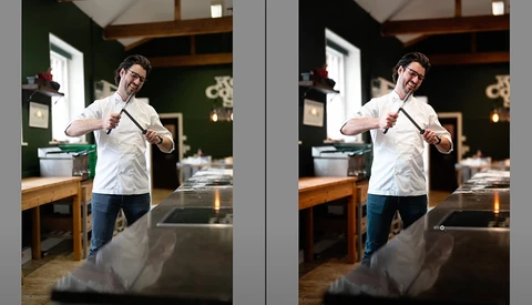 Side-by-side comparison of the same chef adjusting his apron in a professional kitchen, showing edited and unedited versions.