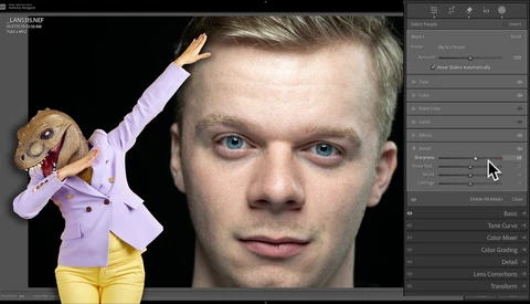 Screenshot of photo editing software showing portrait retouching with adjustment panels visible.