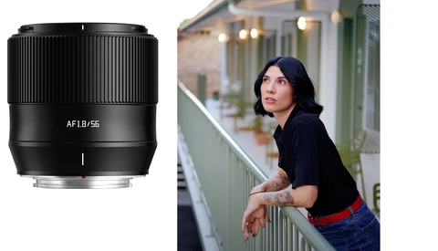 Viltrox AF 1.8/55mm lens alongside portrait of woman in black shirt on urban balcony.