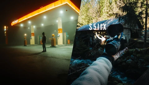 Split-screen comparison of an illuminated gas station at night and an industrial pipe with blue signage in a forest setting.