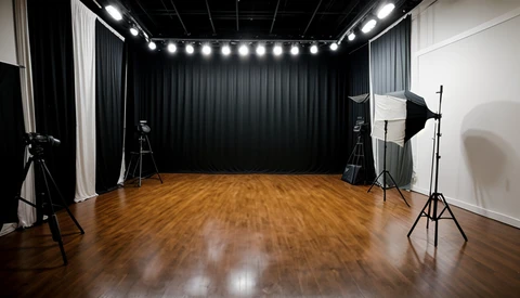 Professional photography studio with wooden flooring, black curtains, overhead LED lighting rig, and multiple studio light stands positioned around the space.
