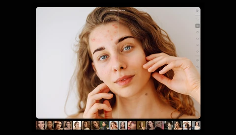Woman with wavy auburn hair touching her face while looking at camera with direct gaze.