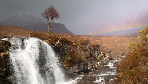 Waterfall cascades over rocky terrain with a solitary tree on the hillside and a rainbow arcing across the misty valley beyond.