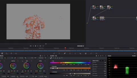 Screenshot of video editing software showing red particle effect animation in preview window.