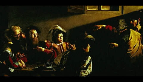 Baroque painting depicting a dramatic indoor scene with figures gathered around a table in warm candlelight against dark shadows.