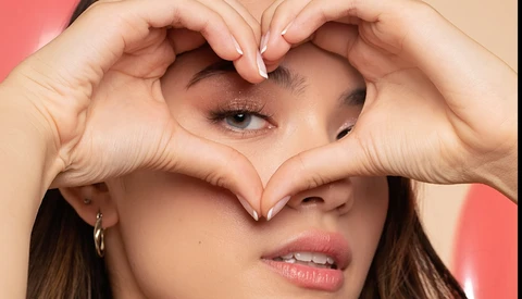 Woman forming a heart shape with her hands in front of her face against a pink background.