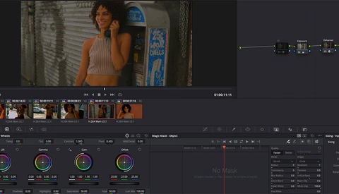 Screenshot of video editing software showing color grading interface with waveform monitors and timeline.