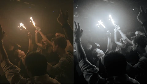 Side-by-side comparison showing warm and cool white balance renderings of a crowd with raised hands and sparklers at night.