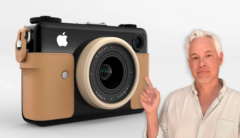 Concept render of a tan and black camera with Apple logo next to a man in a striped shirt.