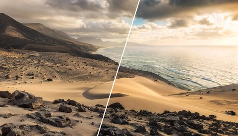 Split-screen comparison of arid desert landscape with mountain and sand dunes against ocean coastline with beach.