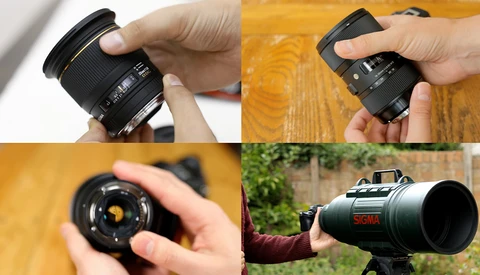 Four overhead shots of camera lenses held in hands, showing different focal lengths and barrel designs.