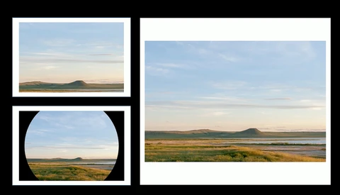 Icelandic landscape with distant volcanic cone under partly cloudy sky, photographed three ways.