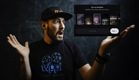 Man wearing black RVCA cap and Wypp dice logo shirt gestures expressively against dark textured backdrop.