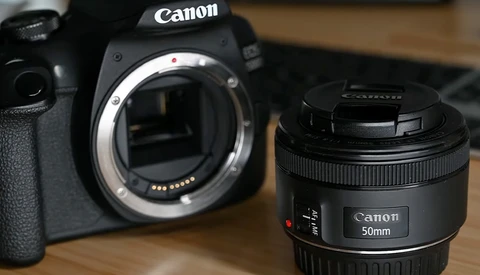 Canon DSLR camera body with detached 50mm prime lens on wooden surface.