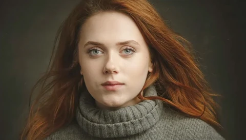 Portrait of a young woman with copper-red hair wearing a gray turtleneck sweater.