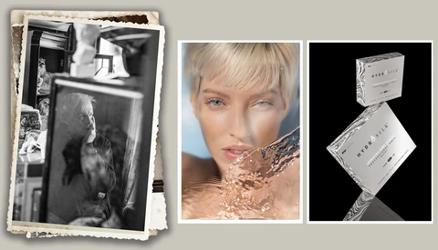 Composite showing vintage black and white photograph, beauty portrait with water splash effect, and product packaging displayed at angles.