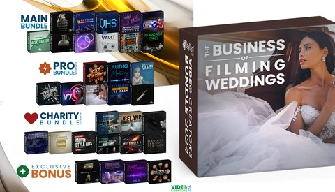 Product bundle display showing "The Business of Filming Weddings" course box with featured woman in white wedding dress, alongside multiple software and preset packages labeled Main Bundle, Pro Bundle, Charity Bundle, and Exclusive Bonus.