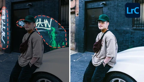 Side-by-side comparison of the same male subject in identical pose and location, demonstrating before and after photo editing.