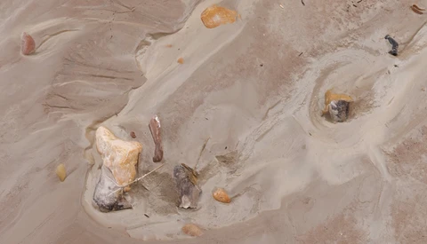 Aerial view of exposed rocks and boulders scattered across wet sand and shallow water.