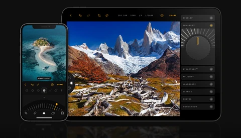 Screenshot of photography editing software showing mountain landscape with editing controls on desktop and mobile devices.