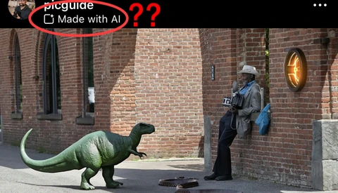 Digital illustration of a person in winter clothing standing before a large green dinosaur on a brick-lined street.