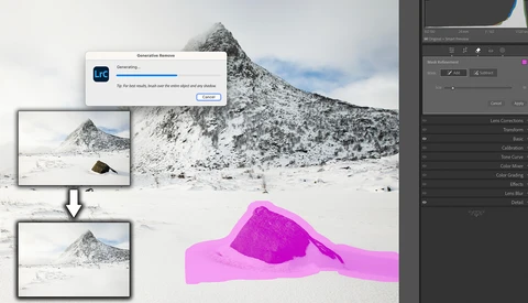 Screenshot of photo editing software showing a snowy mountain landscape with a magenta heat map overlay indicating luminosity data.