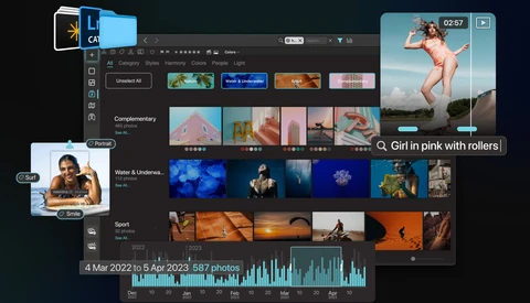 Screenshot of photo management software displaying organized image collections with categories and timeline.