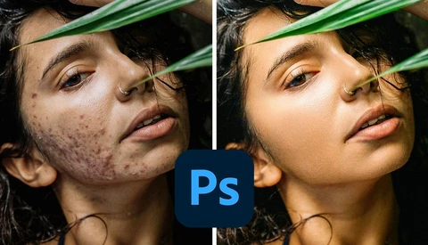 Side-by-side comparison of portrait retouching in Photoshop, showing before and after skin smoothing.