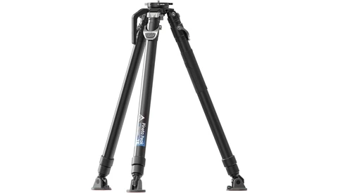 Professional camera tripod with three extended legs and a ball head mount against white background.