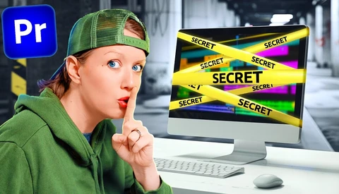 Screenshot showing Adobe Premiere Pro interface with a monitor displaying yellow and black tape with "SECRET" text repeated across colorful stripes.
