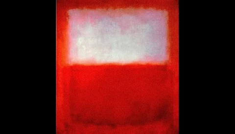 Abstract composition with horizontal bands of red, white, and pink tones creating a minimalist color field study.