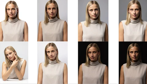 Grid of eight portrait headshots showing consistent lighting and framing variations for professional photography reference.