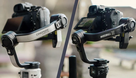 Side-by-side comparison of two camera gimbal stabilizers mounted on tripods, labeled Cinebeer and Weebill.