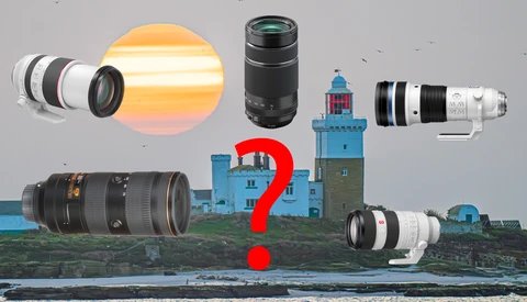 Illustration comparing camera lenses with a lighthouse and question mark in center.