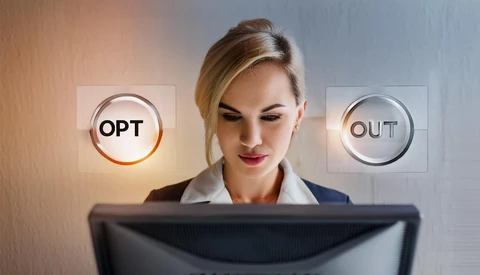 Woman at computer workstation with illuminated OPT and OUT button graphics floating beside her head.