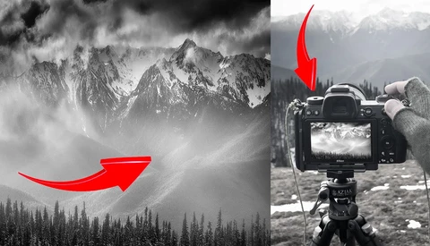 Split-screen comparison of dramatic mountain landscape and camera LCD screen displaying the same scene.