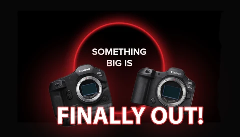 Graphic showing two Canon cameras flanking a glowing red circular halo with text announcing a major product release.