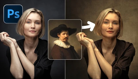 Photoshop editing comparison showing portrait transformation with classical painting style applied.