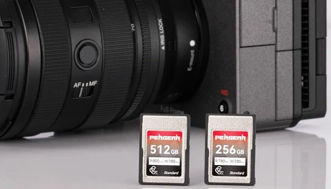 Two Prograde Digital memory cards displayed in front of a camera body and lens.