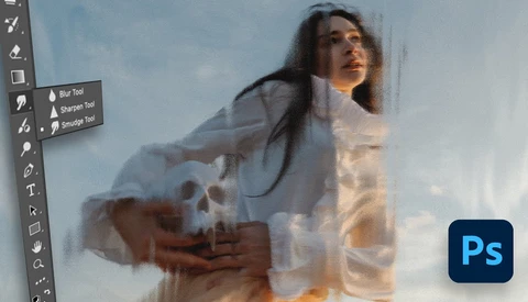 Screenshot of Photoshop interface showing a portrait with double-exposure effect blending a woman's face with landscape imagery.
