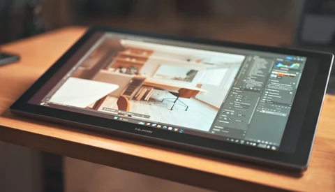 Screenshot of architectural rendering software displaying a 3D interior design project on a tablet screen.