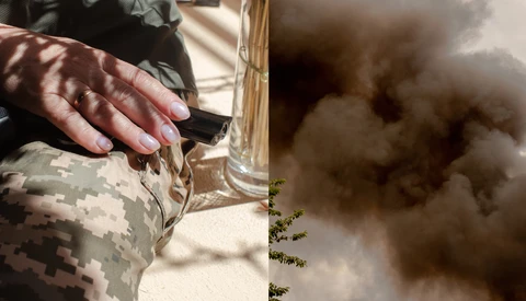 Soldier in digital camouflage uniform holding a rifle, with explosion and smoke visible in background.