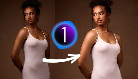 Before-and-after comparison showing body shape changes, with a blue circular badge labeled "1" and arrow indicating transformation.