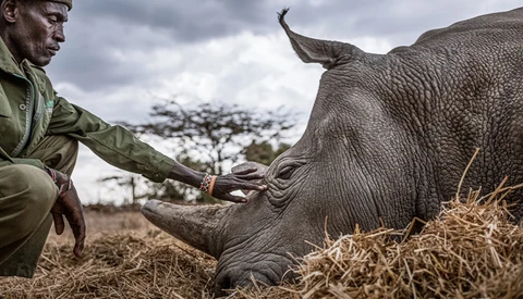 Wildlife caretaker hand-feeding a young rhinoceros in an open savanna setting.