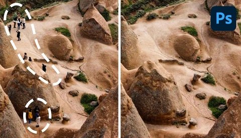 Before and after comparison of aerial photograph showing removal of people and movement paths from rocky terrain.
