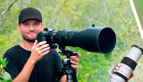 Photographer holding telephoto lens on camera mounted to tripod, with second telephoto lens displayed separately.